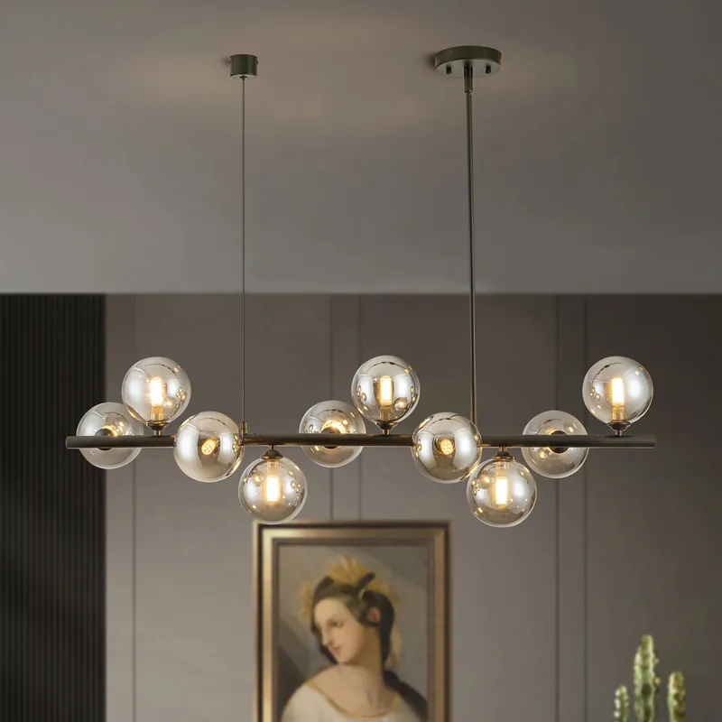 10-Light Matte Black Adjustable Chandelier with Smoked Glass Globe Shades Mid