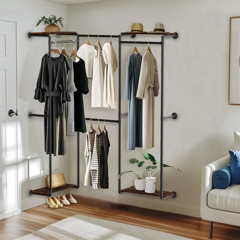 Industrial Pipe Clothes Rack Wall-Mounted Clothing Rack with Shelves