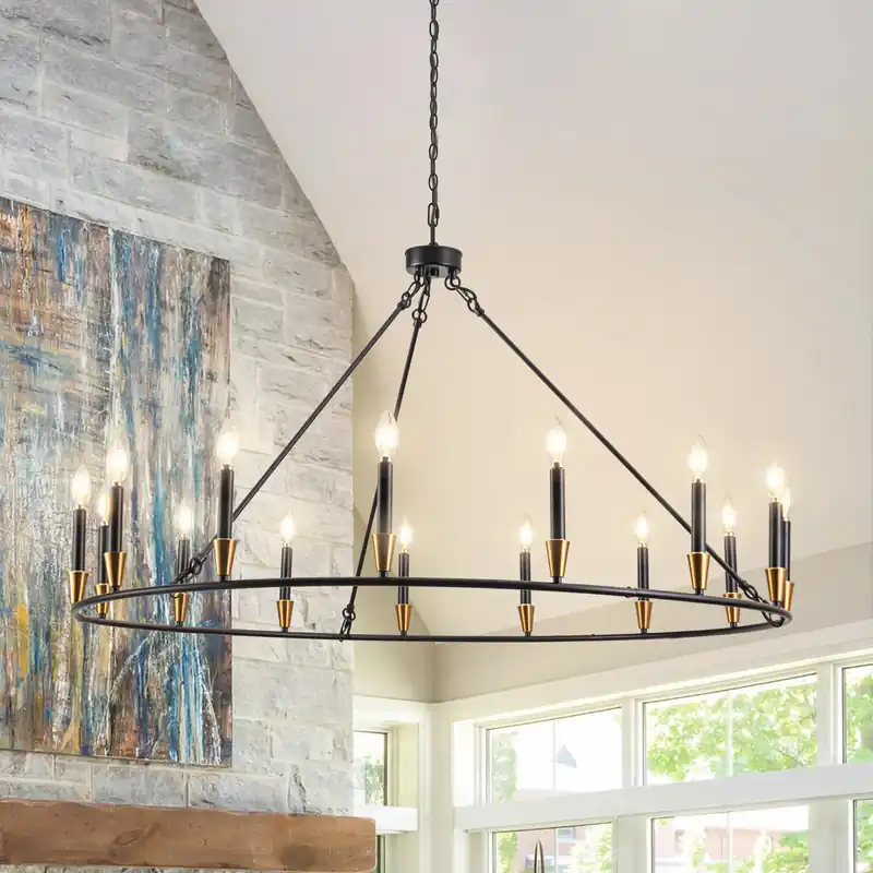 15-Lights American Wrought Iron Circular Pendant Light Round Black Chandelier Lamp