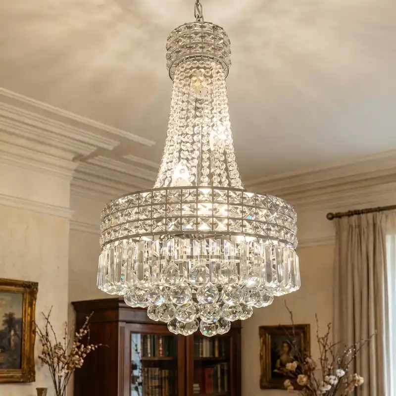 Modern Chrome Silver Crystal Chandelier, Round Dimmable Dining Table