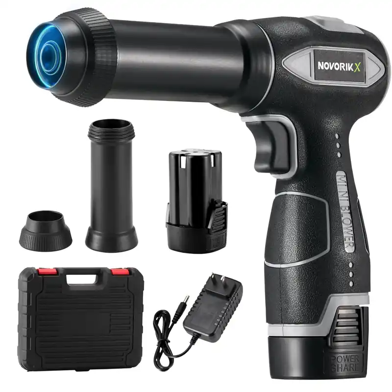 NovorikX 16.8V Handheld Electric Cordless Leaf Blower 100,000 RPM Includes 2 * 2Ah Batteries & Fast Charger, Lightweight for Patio Cleaning, Lawn Care, Car, Blowing Leaves & Dust - Black