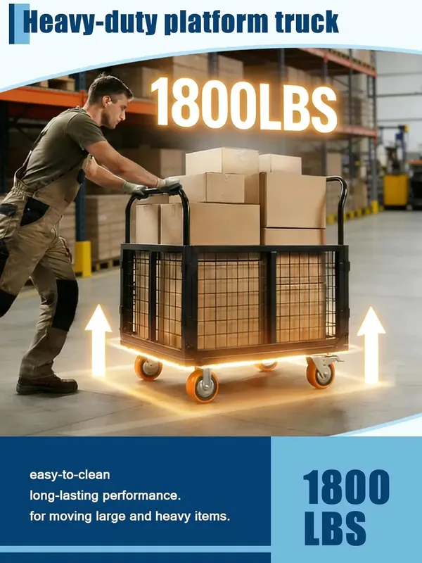 6-in-1 Foldable Platform Truck Cart With Cage 1800 LBS Heavy Duty 4-Wheel Push Dolly