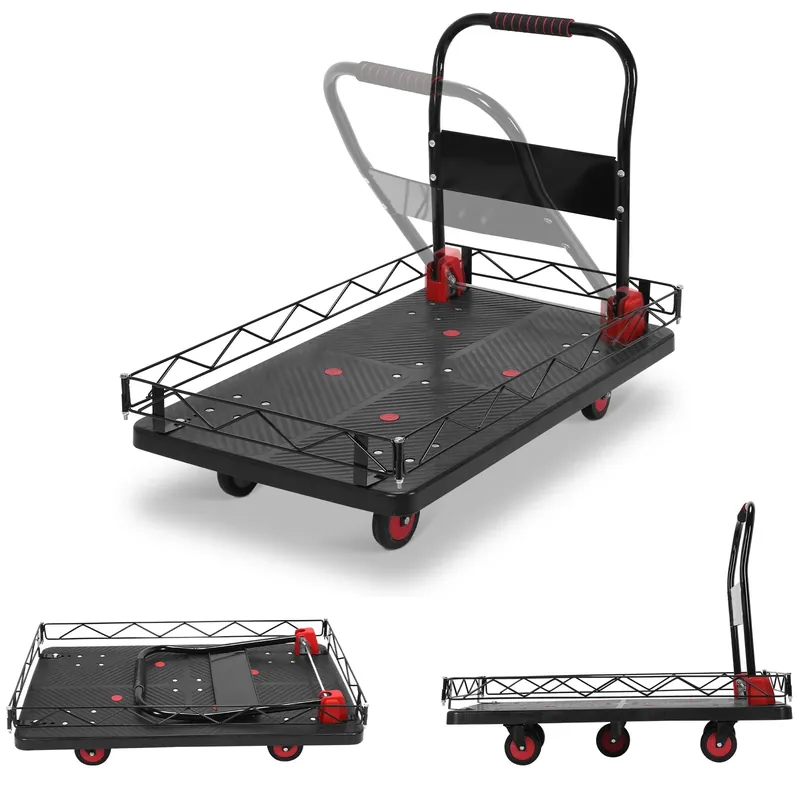 2 IN 1 Silent TPR Wheels Hand Trucks W/Steel Wire Fence Fold Pull Goods Cart