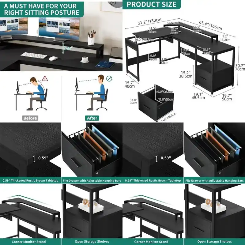 65 L-Shaped Desk with Illuminated Top, Adjustable Standing Desk