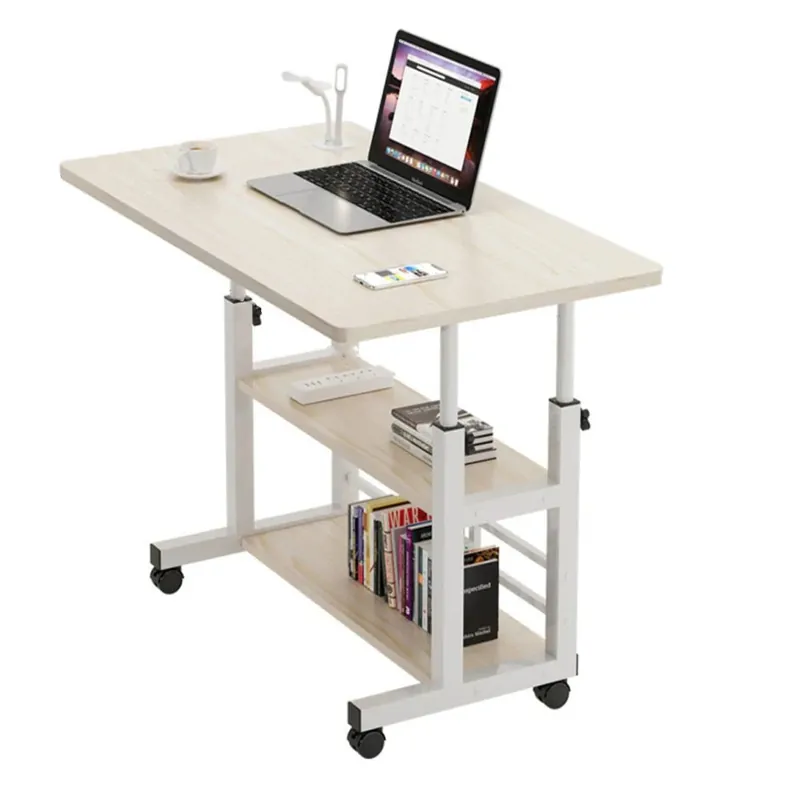 Height Adjustable Bedside Table Multi-Layer Storage Swivel Wheel Home Desk