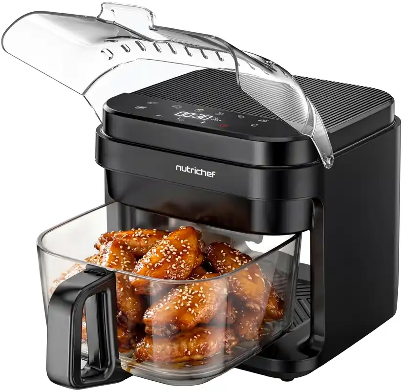 NutriChef 5.8 Quart Air Fryer Glass Airfryer with 8-in-1 Digital Presets Stainless Steel Fryer Design Glass Fry Bowl with Flip-Up Safety Shield Compact Air-Fryer for Even Cooking Black