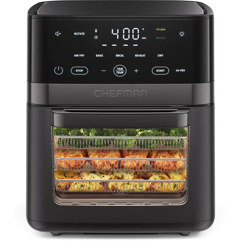 Chefman Air Fryer 6-in-1, XL 14-Quart Multifunctional Airfryer with Touchscreen Controls, Rotisserie, Food Dehydrator, Convection Oven, Bake, Broil, and Reheat Functions, Windowed Door – Black