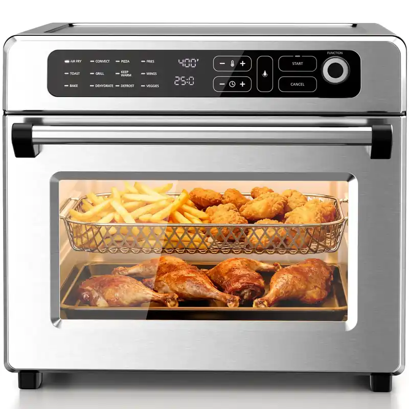 Kismile 25QT Air Fryer Toaster Oven Combo, 12-in-1 Countertop Convection Airfryer Oven, Adjustable 70–450℉ Temperature, Bake, Reheat & Broil, Fits 12″ Pizza, Complete Accessories Included, Silver