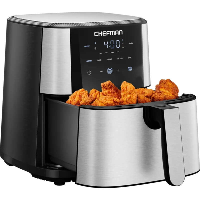 Chefman Air Fryer 6 Qt TurboFry® 5-in-1 with 450°F Hi-Fry Option for Crispier Results Bake, Dehydrate, Frozen XL Nonstick Dishwasher-Safe Basket Stainless Steel
