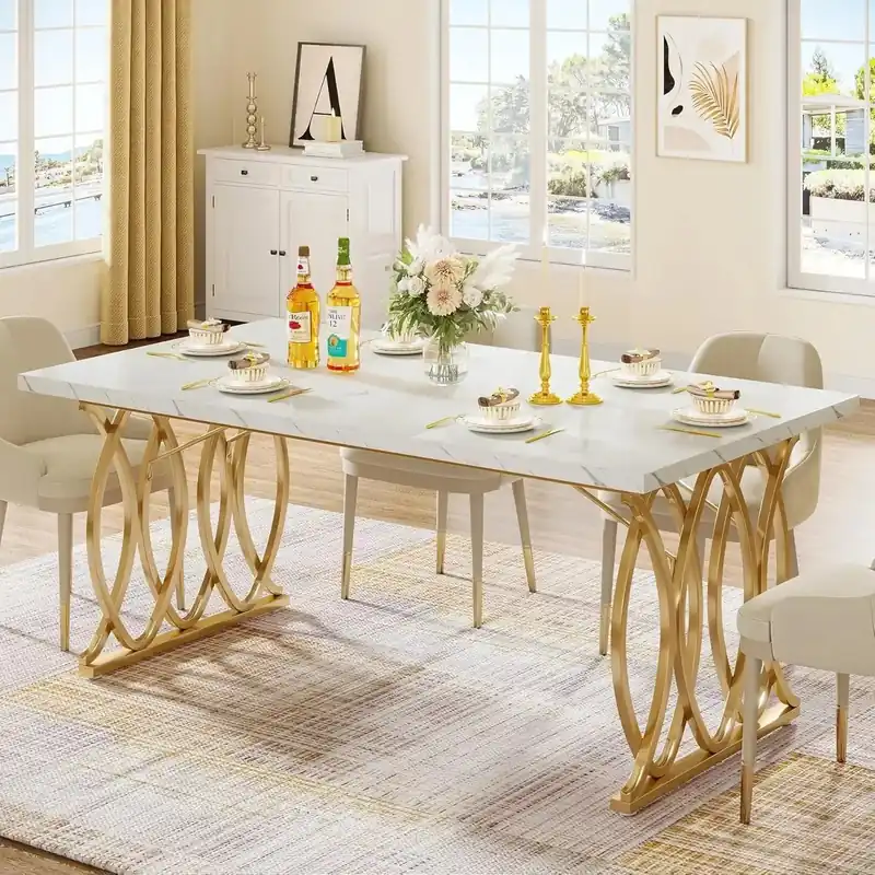 Dining Table, 63" Large Kitchen Table for 4-6 People, Unique Rectangular Dinner Table