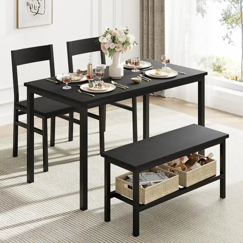 Home Dining Table Set for 4 with Bench Dining Room Table Set with Storage Racks