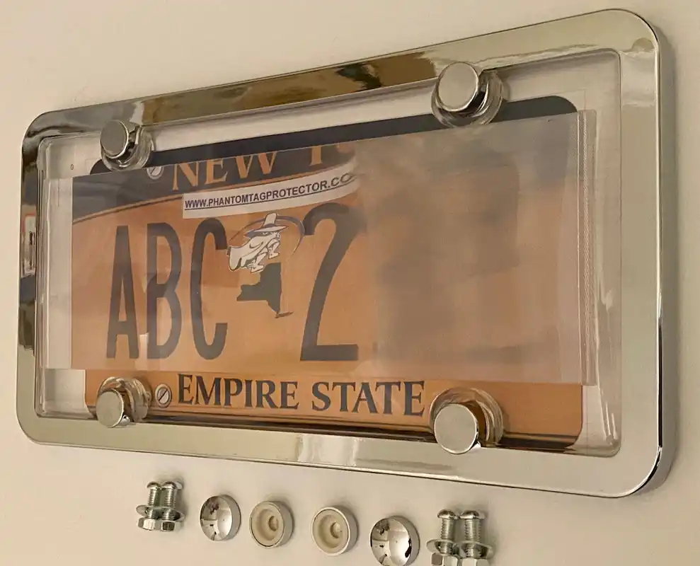 3rd Gen. Phantom Tag Protector Clear License Plate Cover & Chrome Frame w/Bolts & Bolt Caps