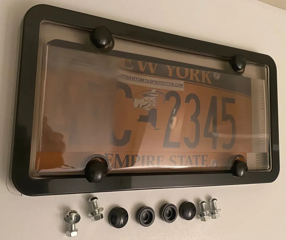 3rd Gen. Phantom Tag Protector Tinted License Plate Cover & Black Frame w/Bolts & Bolt Caps