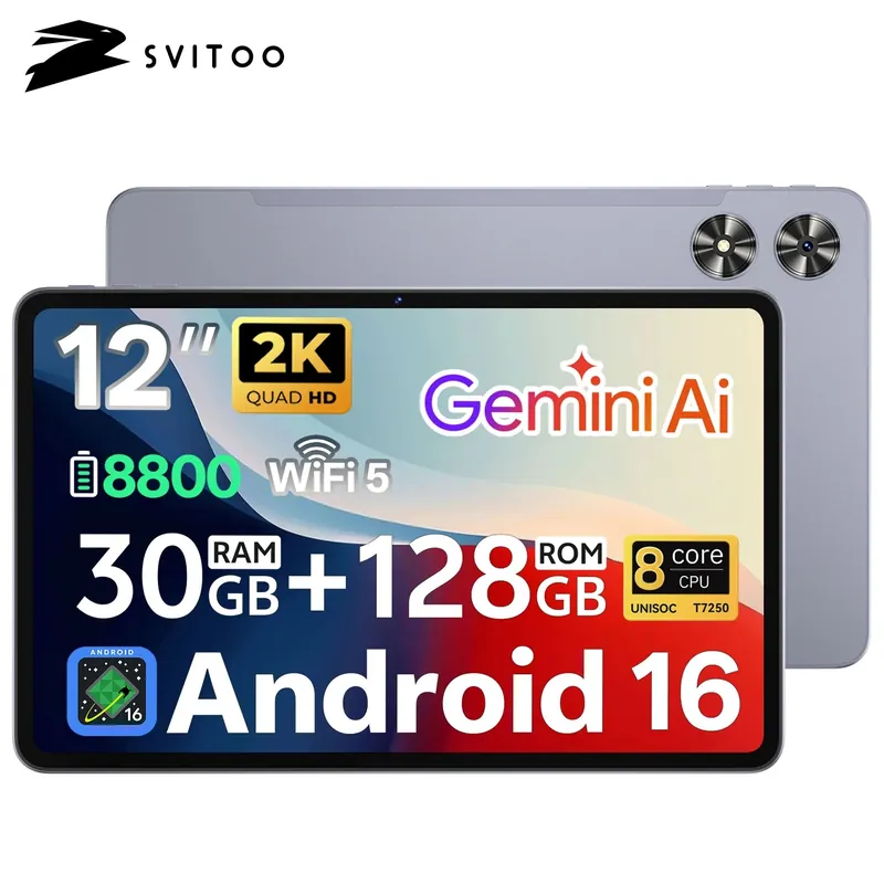 SVITOO Tablet 2026 Android 16 12 Inch 2000 x 1200 2K Display IPS Large Screen
