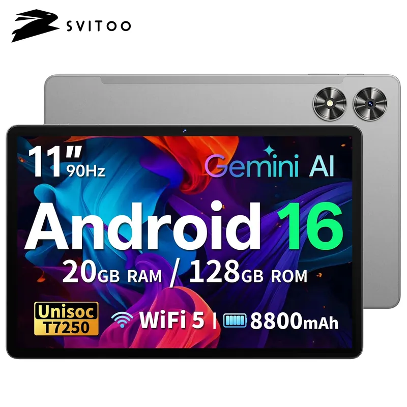 SVITOO Tablet 2026 Android 16 11 Inch 90Hz HD IPS Screen Unisoc T7250 Octa-Core Processor 20GB RAM 128GB ROM Support 1TB TF (MicroSD) Card Expandable 8800mAh Battery 2.4GHz 5GHz Dual Band WiFi 5 Bluetooth