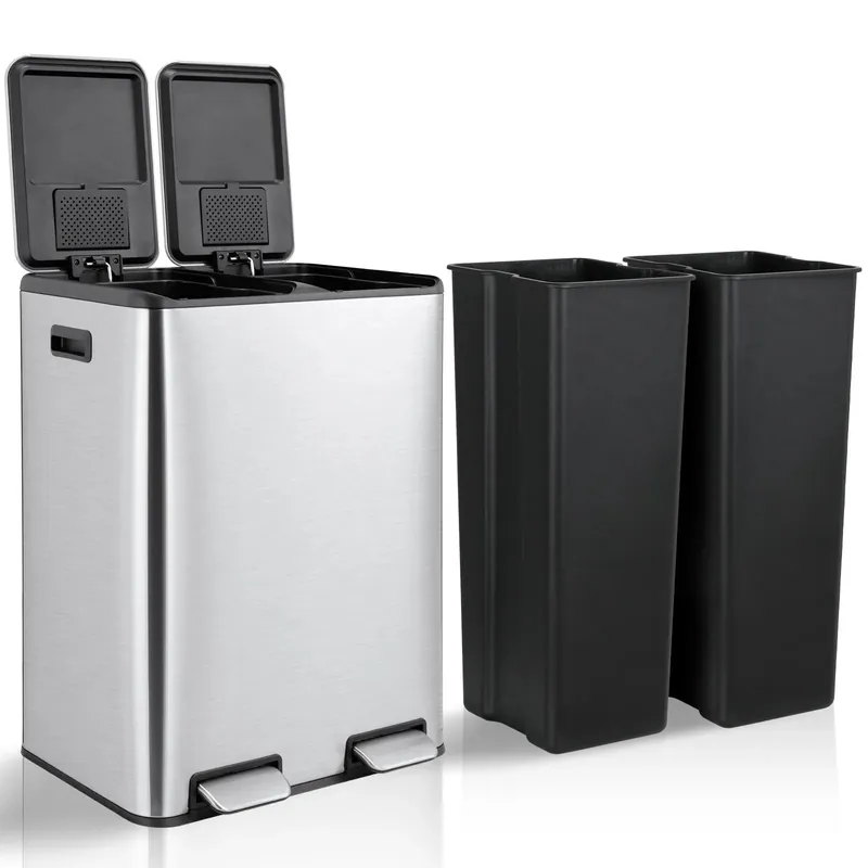 60L/16 Gal Dual Trash Can Stainless Steel Step Garbage Can w/Built-in Filter Box Kitchen Garbage Bin Recycle Waste Dustbin