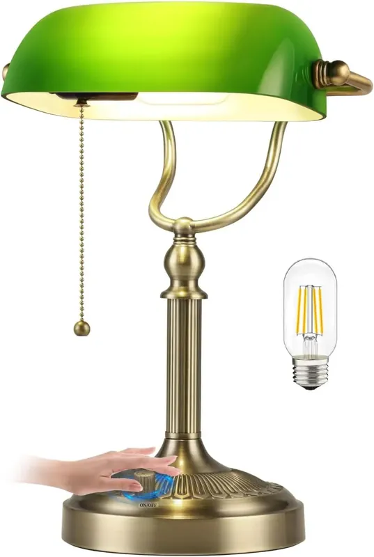 Green Glass Bankers Desk Lamp for Study, Office, LED Bulb Included