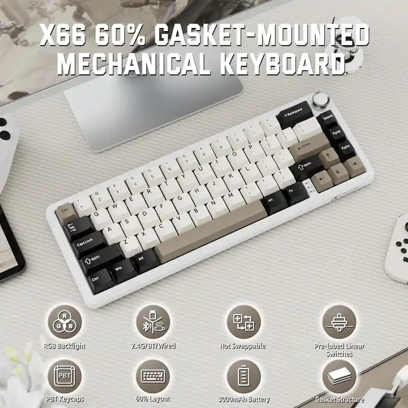 ATTACK SHARK X66 Wireless Mechanical Keyboard with Side Printed PBT Keycaps BT & 2.4G Wireless & Type -C Wired Hot-swap 16 Milli