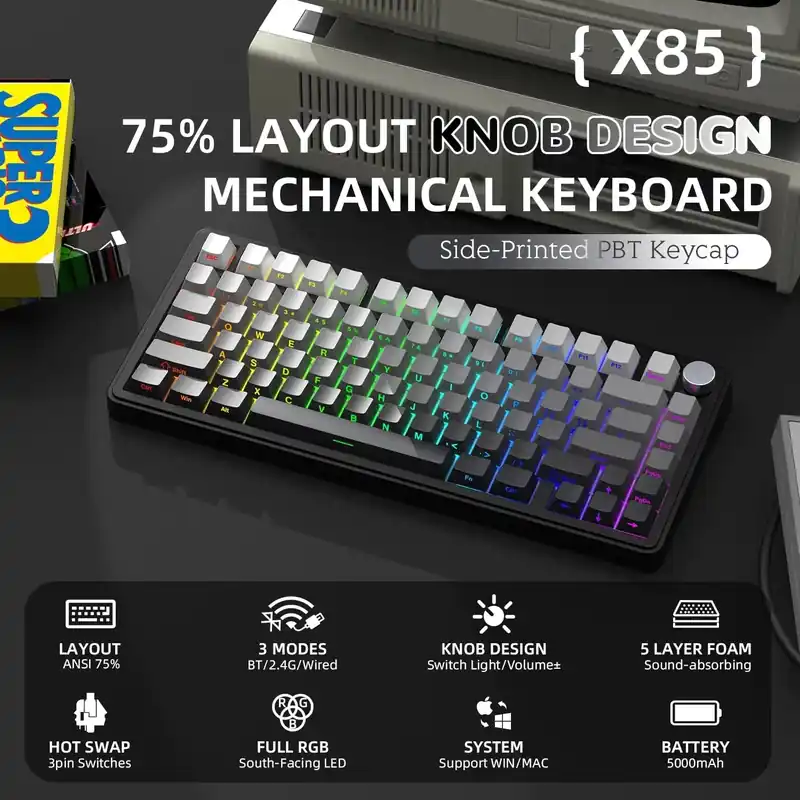 ATTACK SHARK X85 Wireless Mechanical Gaming Keyboard,TKL 82 Keys