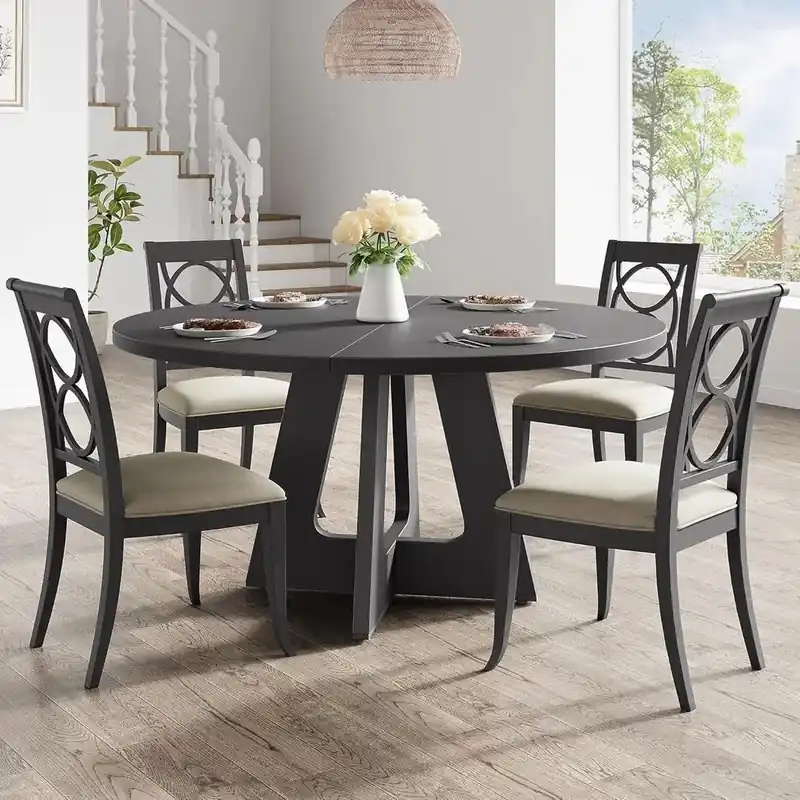 47 in Round Large Dining Table Set or 4 to 6, armhouse Dinner Table with Wooden Top