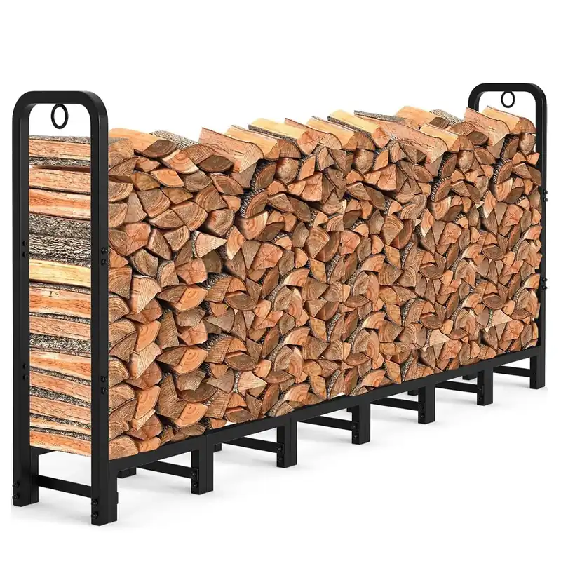 8 Ft Heavy Duty Firewood Rack Rustproof Metal Log Holder With 2 Lock Rings