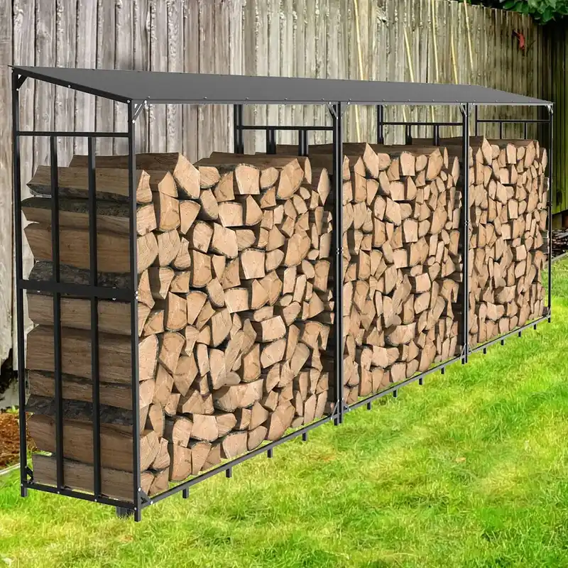 Tall Metal Firewood Rack Stand with Top Cover Fireplace Wood Storage Stacking