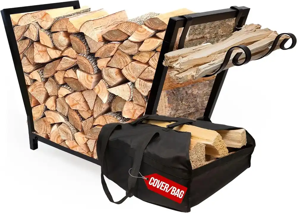 Black Firewood Racks with Hooks and Cover for Indoor Outdoor Use, Durable Storage