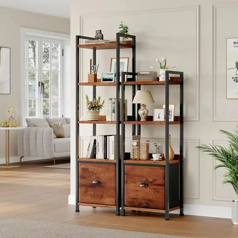 JHK Wood 5 Tier Bookshelf with 1 Fabric Drawer Multi-Functional Display Standing Shelf for Books