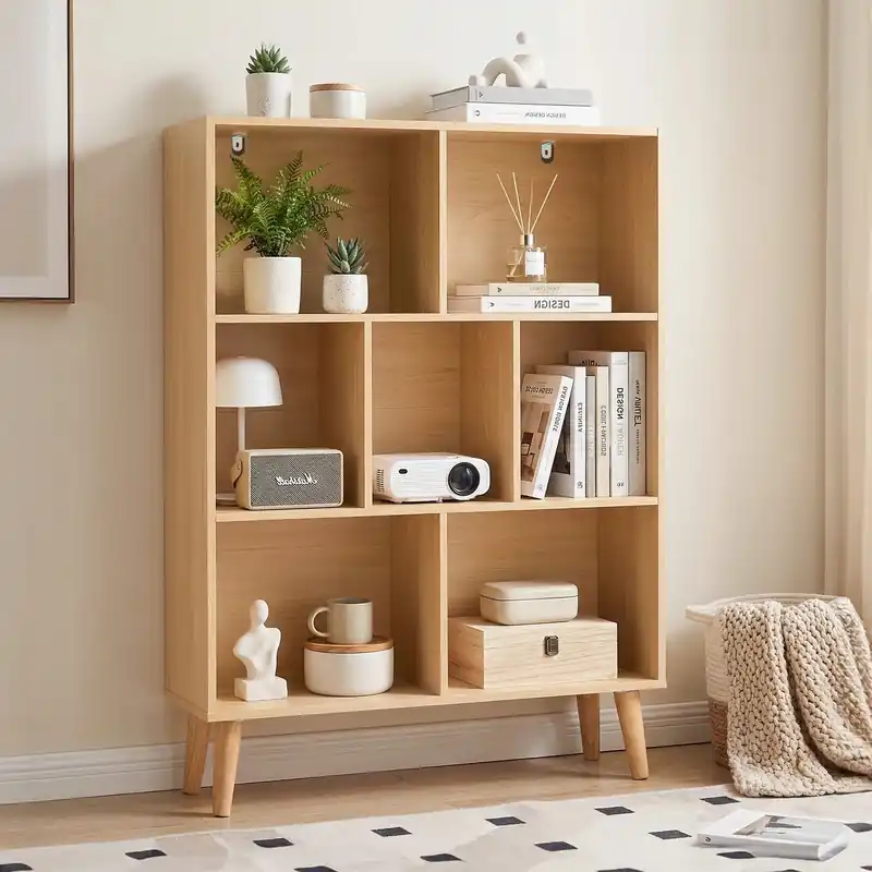 JHK 3 Tier Bookshelf Wooden 7 Cube Storage Organizer Display Bookcase Open Standing Shelf