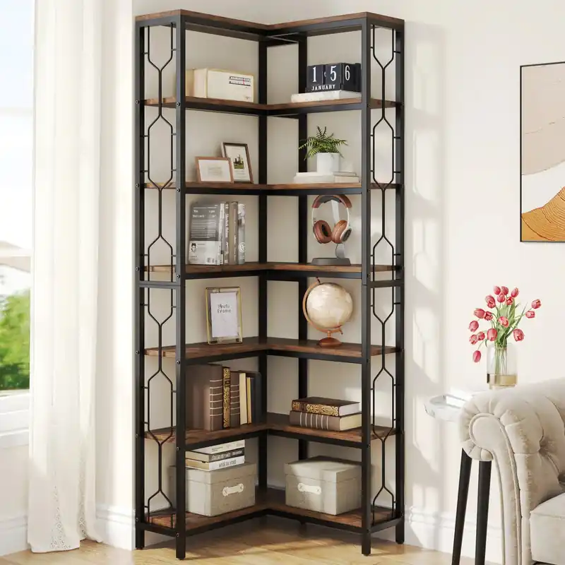 Tribesigns Corner Shelf, 7-Tier Industrial Corner Bookshelf, Wood and Metal Corner Etagere Bookcase, Freestanding Display Shelf