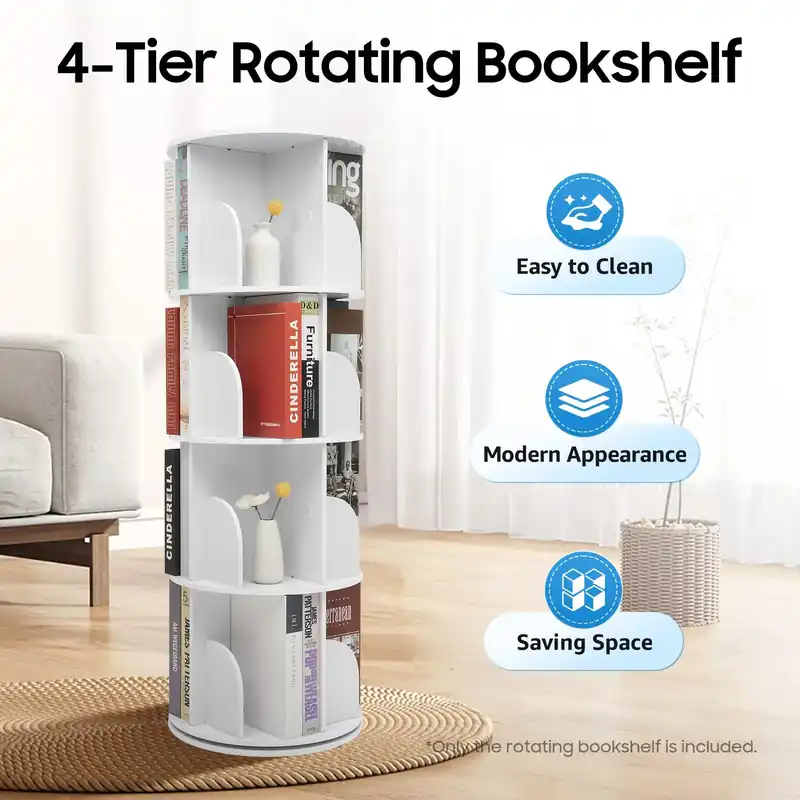 4 Tier Rotating Bookshelf 360° Spinning Display Rack with Wheels