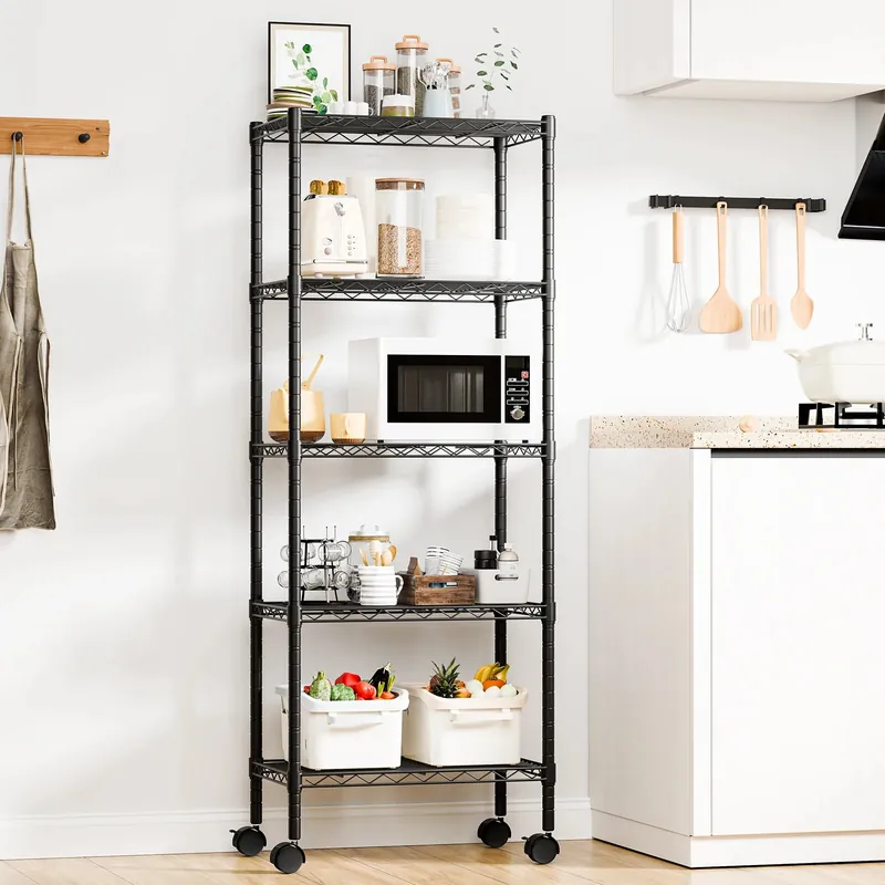 JHK 3-5 Tier Grid Storage Bookshelf with Lockable Wheels Mobile Metallic Shelving Rack Heavy Duty Standing
