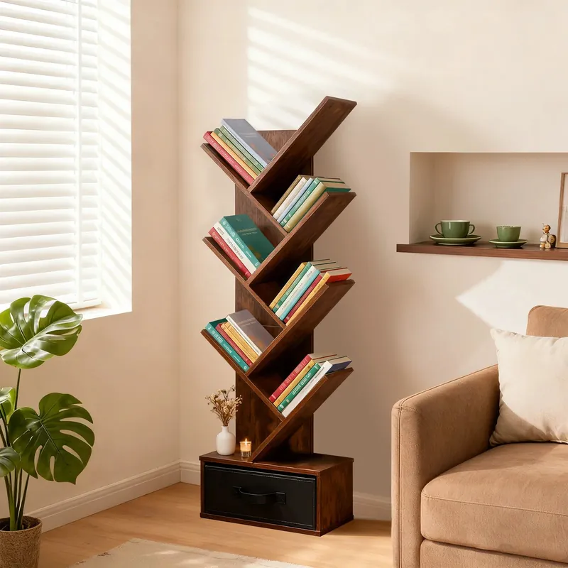 MCQ 7-Tier Tree Bookshelf with Drawer 43IN Wooden Narrow Slim Corner Bookshelf for Small Spaces