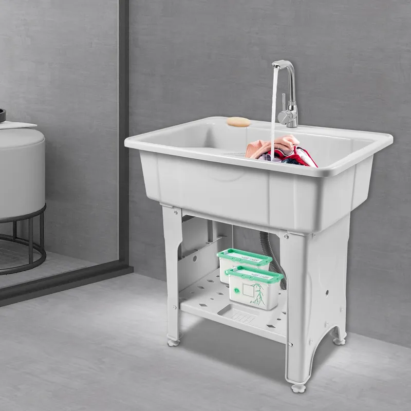 Household Plastic Kitchen Sinks Freestanding Laundry Sink W/ Washing Board and Storage Shelf