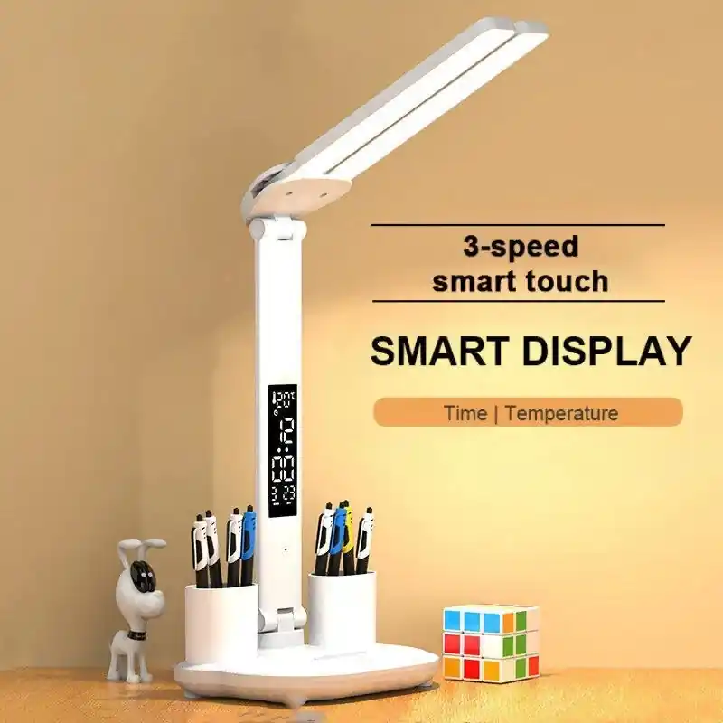 LED Clock Table Lamp USB Chargeable Dimmable Desk Lamp 2 Heads