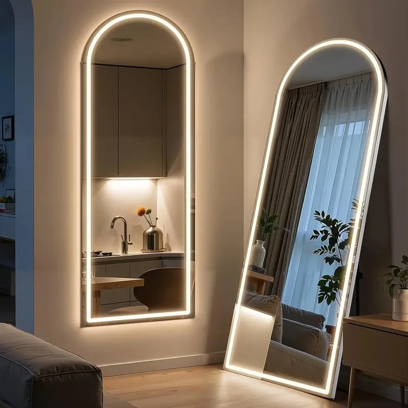 Arched Full Length Mirror with LED Lights, 60"x16" LED Floor Mirror w/ Stand