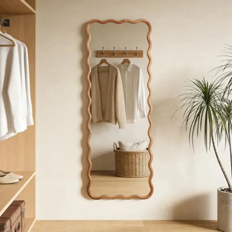24x65 Full Length Wood Mirror with Wavy Design for Bedroom