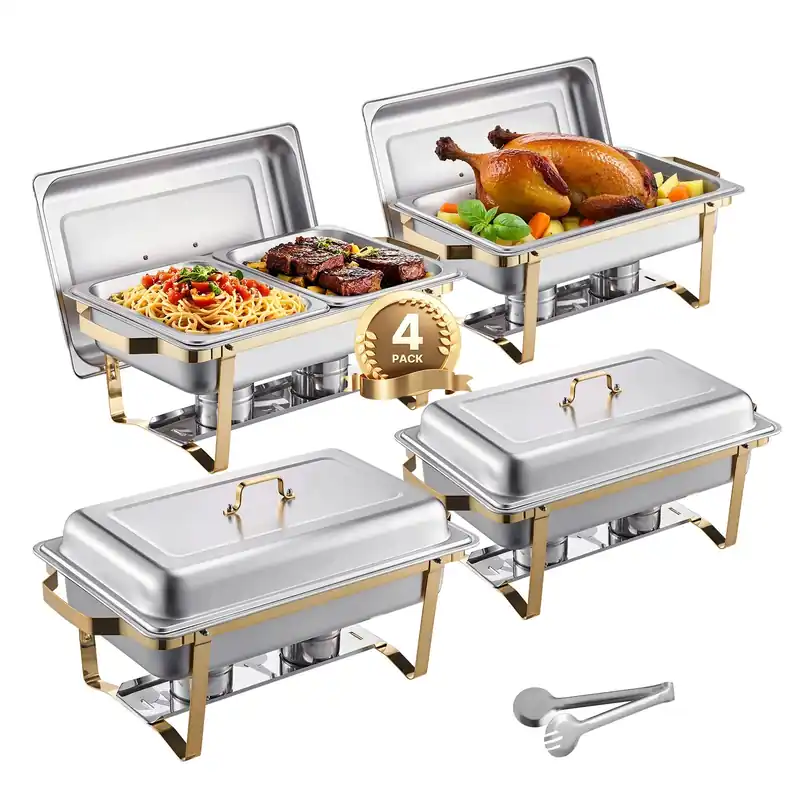 SucceBuy 4 Pack Chafing Dish Buffet Set Stainless Steel Chafer w/2 Full Size & 4 Half Size Pans