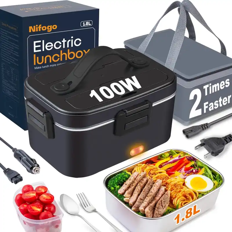 100W Fast Heating Electric Lunch Box 1.8L, 12V Car & 220V Home Dual Use Food Warmer, 304 Stainless Steel Container with Insulated Carry Bag, Spoon & Fork Included