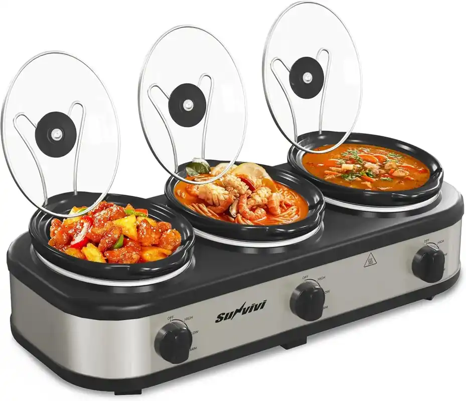 Triple Slow Cooker, Buffet Server and Food Warmer, Small Mini Pot with 3 Adjustable Temp