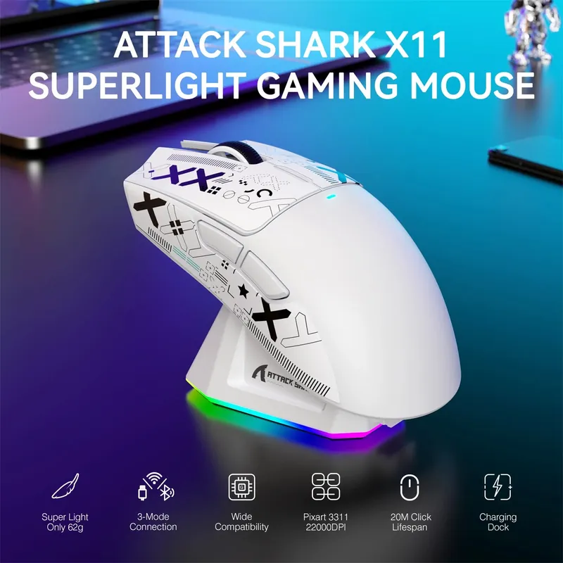 ATTACK SHARK X11 Lightweight Wireless Gaming Mouse with RGB Charging Dock