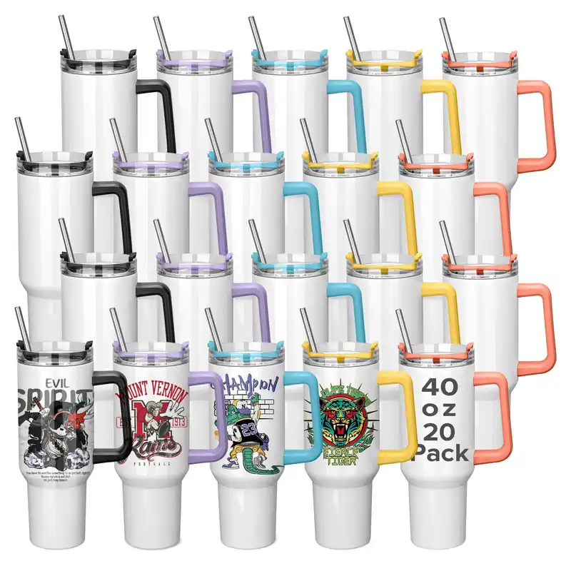 12/20 Pack 40 oz Sublimation Tumblers,Removable Handle Coffee Travel Mug With Straw