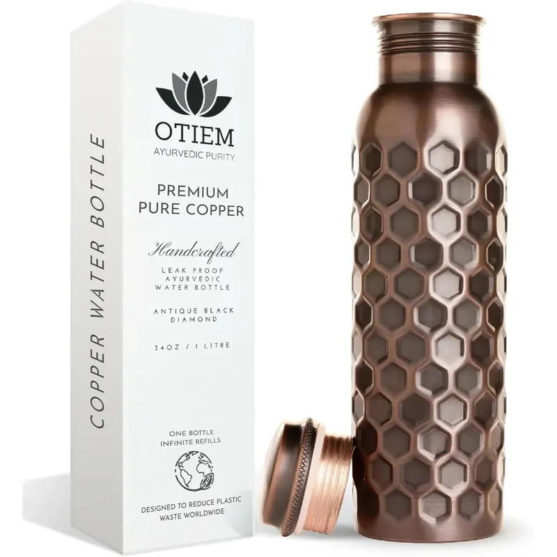 100% Copper Water Bottle 34 Oz Antique Black - Leak-Proof, Temperature Retention