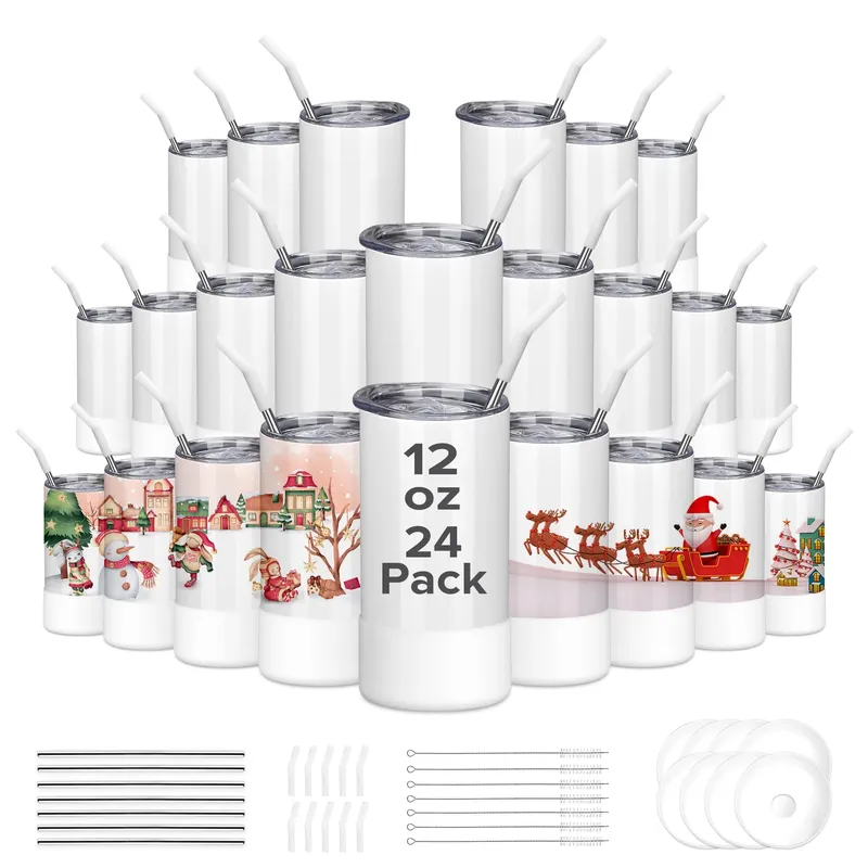 12/24 Pack 12oz Sublimation Tumblers,With Straw Cap Flat Bottom Blank Cup for DIY Heat