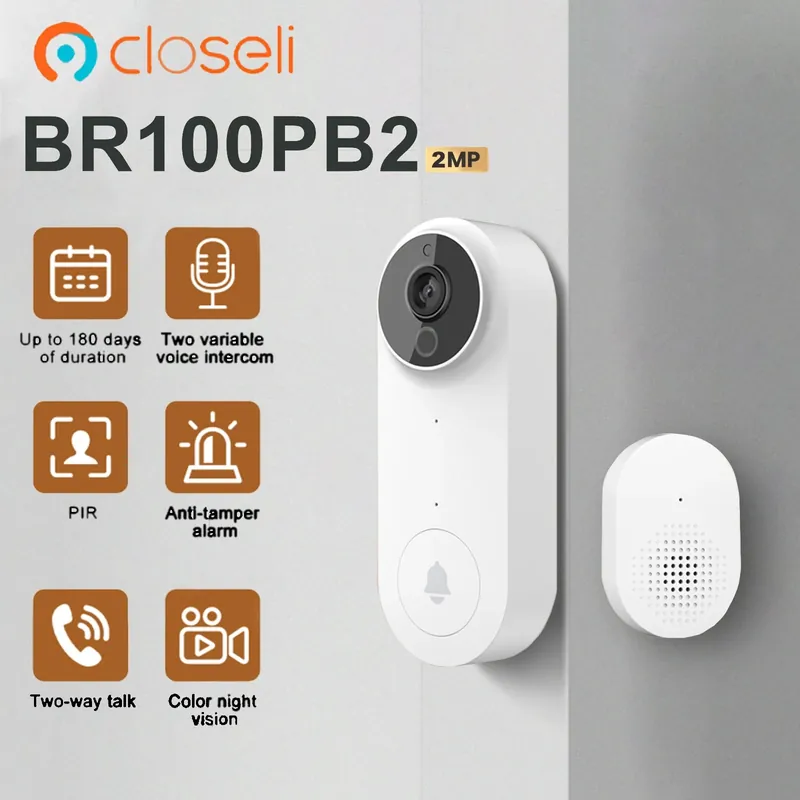 Closeli Wireless Waterproof Doorbell BR100PB2 2MP Video Intercom Door Bell with Camera Alarm Smart