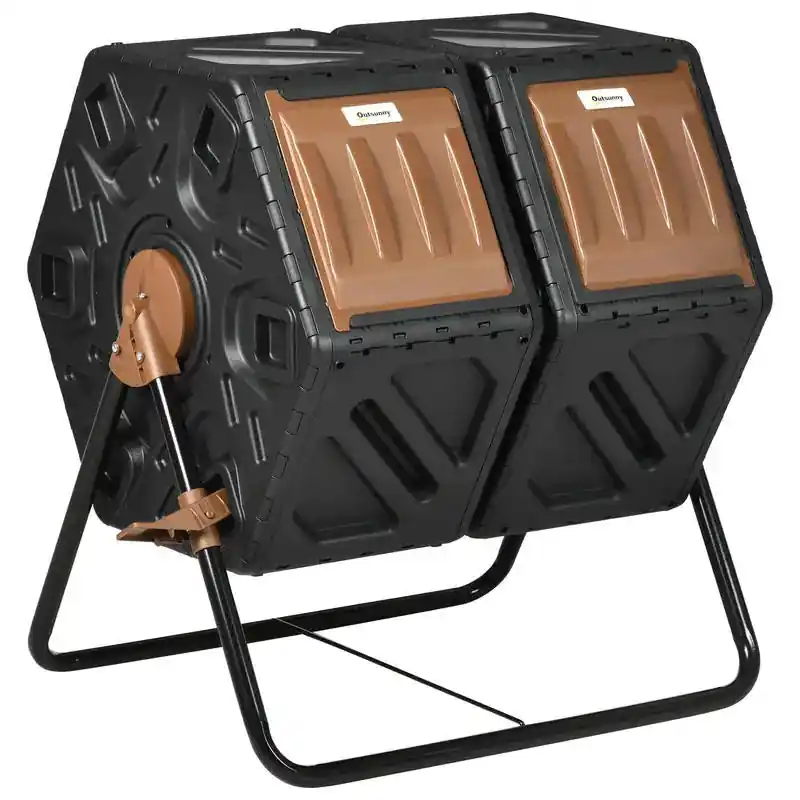 Rotating Composter, Dual Chamber Compost Bin with 24 Vents and Steel Legs