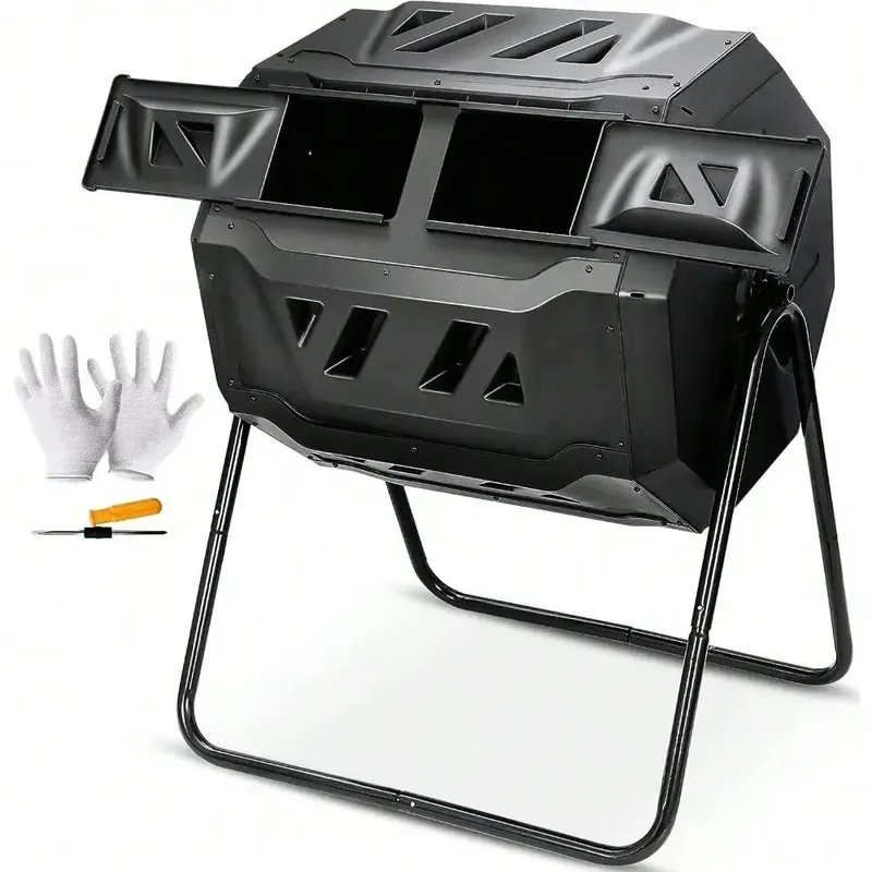 Large Compost Tumbler Bin Dual Chamber 43Gal Rotating Composter Sliding Doors