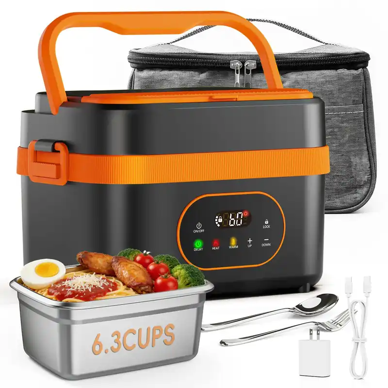 AKUDY Cordless Electric Lunch Box for Adults, 6.3-Cup Rechargeable Self Heating Lunch Box with Scheduled Heating & Automatic Keep Warm, Portable Food Warmer for Work, Office, Travel & Outdoor Use