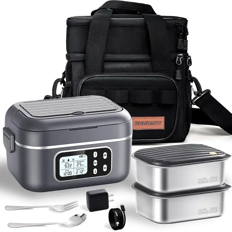 Rhudaky 27000mAh Cordless Electric Heated Lunch Box, 100W Rechargeable Portable Food Warmer for Adults Work Travel Car - Battery-Powered & Self-Heating, 2 x 6.3 cups
