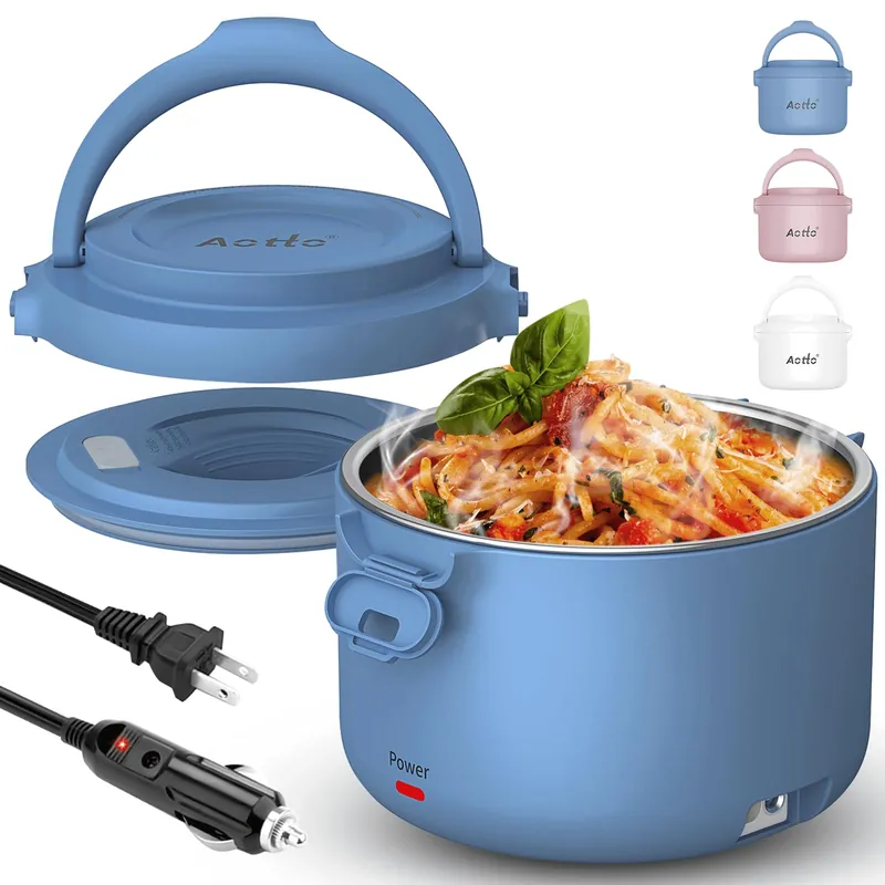 Aotto Electric Lunch Box, 32 oz Portable Food Warmer Heater, Lunch Warmer Portable for Work/Office/Car/Travel 12V/24V/110V 3-in-1, Warming Soup & Meal, Spill-Free, Men & Women‘s Gifts, Blue
